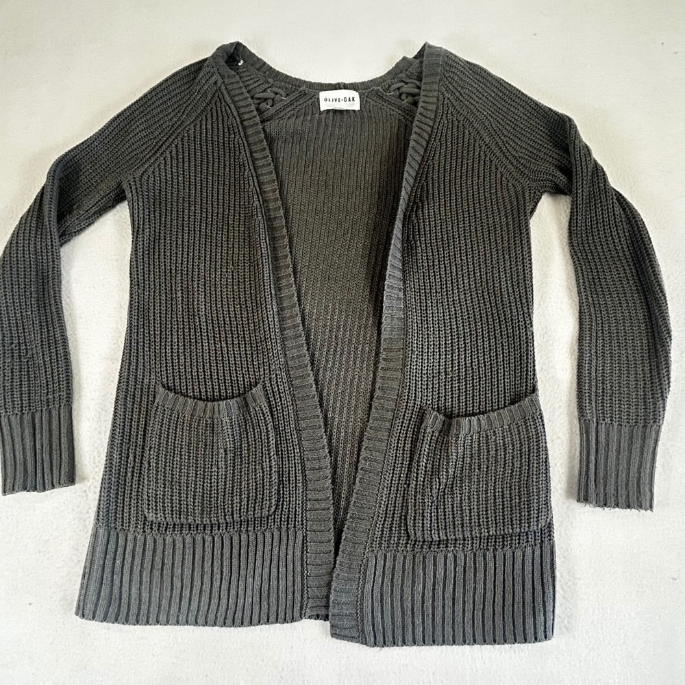 Olive + Oak Womens Gray Lace Up Shoulder Shaker‎ Knit Open Front Cardigan Small